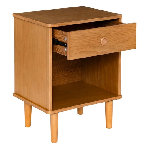 Stolik nocny Charlie w stylu skandynawskim z drewna kauczukowego, naturalny dąb, 44,5 cm szerokości, z szufladą i półką