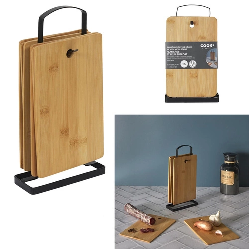Zestaw 6 bambusowych desek do krojenia Intesi na stojaku do kuchni prostokątnych