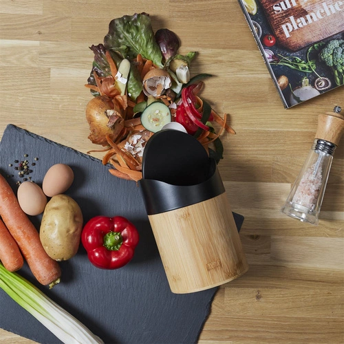 Intesi Mini kosz na śmieci do łazienki i kuchni bambusowy czarny obrotowy 1L