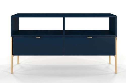 Szafka RTV glamour Polka 120 cm niebieska drewniana na złotych nogach do salonu SKANDICA