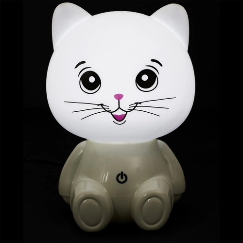 Lampka nocna LED Kot Intesi biała do pokoju dziecięcego z regulacją światła i portem USB