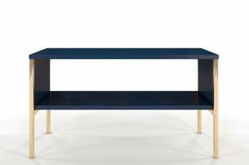 Stolik kawowy Polka prostokątny drewniany niebieski ze złotymi nogami z półką do salonu SKANDICA