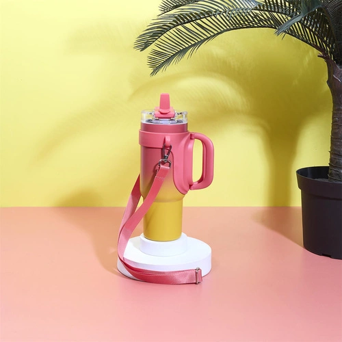 Kubek termiczny Malibu Intesi 900 ml różowo‑żółty z uchwytem do kawy