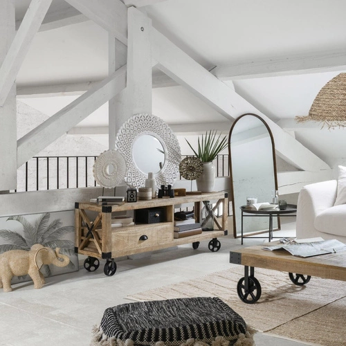 Szafka RTV drewniana Silas 140 cm do salonu nowoczesna rustykalna mango Atmosphera