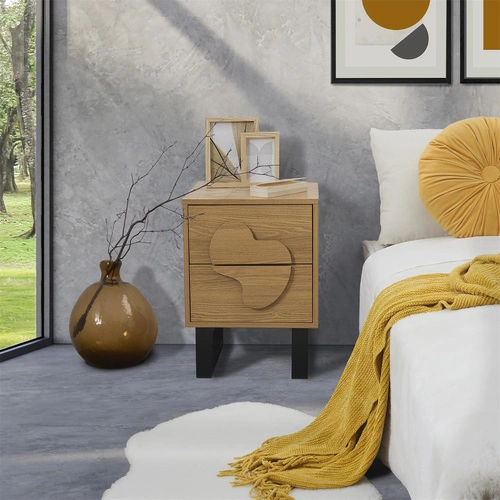 Szafka nocna Intesi Calypso 40 cm z 2 szufladami w stylu boho, naturalny dąb/czarny, elegancka i funkcjonalna do sypialni