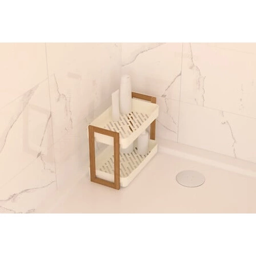 Półka łazienkowa Naturéo 2-poziomowa biała prostokątna bambusowa do łazienki skandynawska