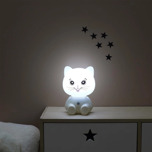 Lampka nocna LED Kot Intesi biała do pokoju dziecięcego z regulacją światła i portem USB