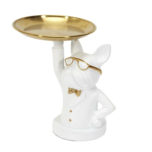 Organizer figurka buldog dekoracyjny biały ze złotą tacą Intesi do salonu glamour