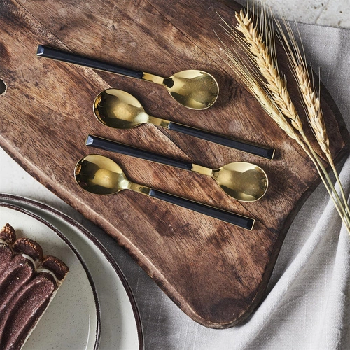 Charlotte Intesi złote czarne łyżeczki deserowe ze stali nierdzewnej na 4 osoby do zmywarki