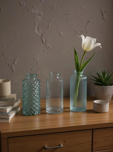 Zestaw trzech szklanych wazoników Atmosphera niebieski nowoczesny dekoracyjny na kwiaty