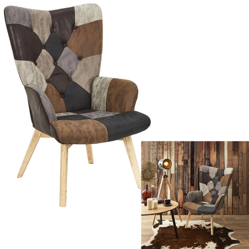 Fotel uszak Helsinki do salonu brązowy patchwork skandynawski z wysokimi nogami Intesi