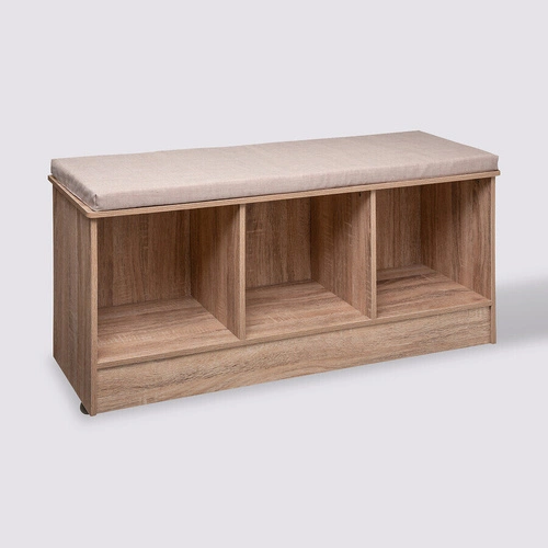 Ławka tapicerowana z półkami Kali naturalna skandynawska do przedpokoju i sypialni 105 cm
