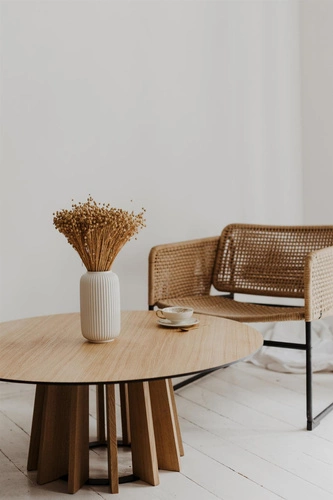 Stolik kawowy TAVLE okrągły dębowy skandynawski do salonu 100 cm NORDIFRA