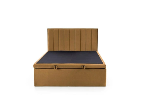 Łóżko tapicerowane Renji 160x200 musztardowe z pojemnikiem do sypialni nowoczesne