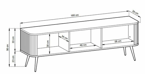 Szafka RTV Seda biała ryflowana nowoczesna na wysokich czarnych nogach do salonu 168 cm