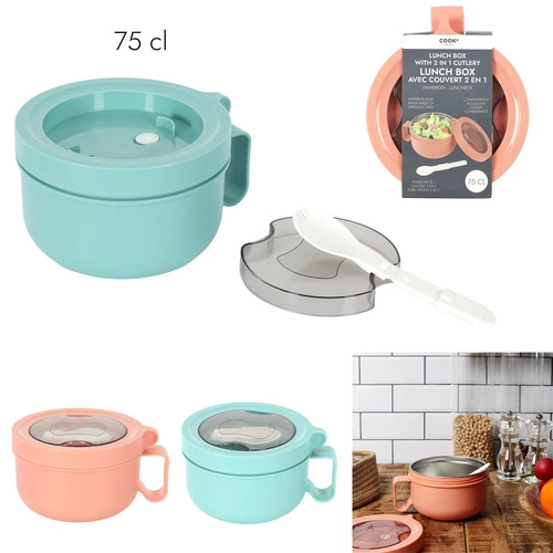 Okrągły Lunch box śniadaniówka niebieski z widelcem