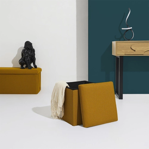 Pufa ze schowkiem Intesi Vels Atom żółta kwadratowa nowoczesna do przedpokoju i pokoju dziecięcego