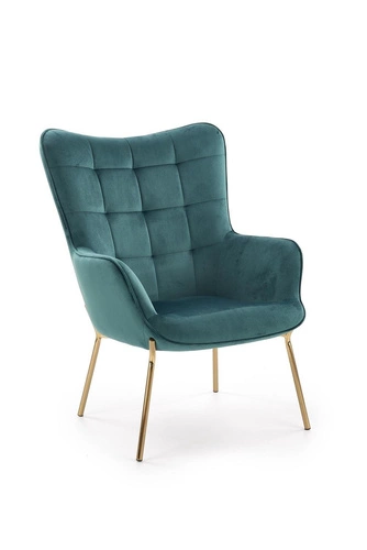 Fotel uszak Cabres zielony ciemny nowoczesny do salonu z podłokietnikami na złotych nogach