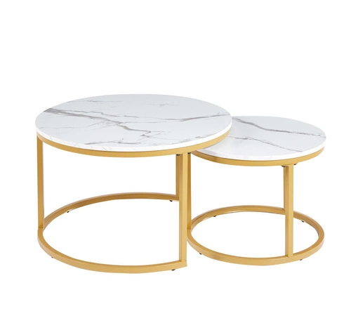 Zestaw 2 okrągłych stolików kawowych Bennett biały marmur złoty nowoczesny glamour do salonu