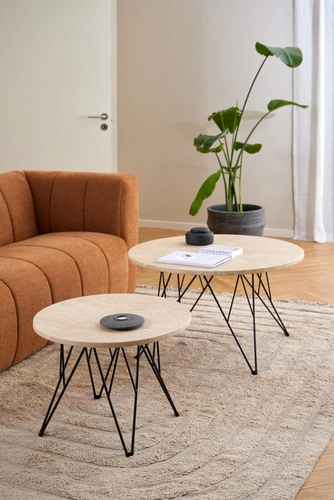 Stolik kawowy Prunus okrągły 55 cm trawertyn beżowy nowoczesny loftowy do salonu Actona