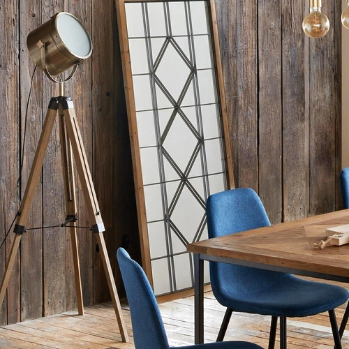 Lampa stojąca do salonu Ebor 150 cm brązowa drewniana nowoczesna industrialna trójnóg Atmosphera