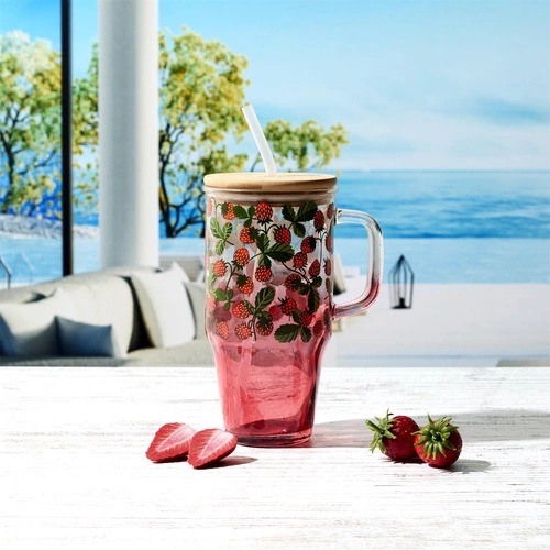 Szklany kubek Soleo 650ml z pokrywką i słomką do letnich napojów rustykalny czerwony Intesi