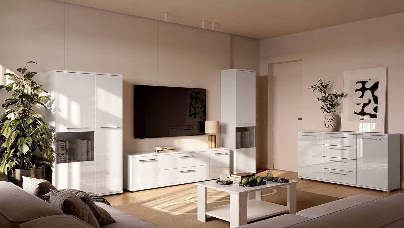 Komoda Flory biała z szufladami nowoczesna 100 cm połysk do salonu lub sypialni