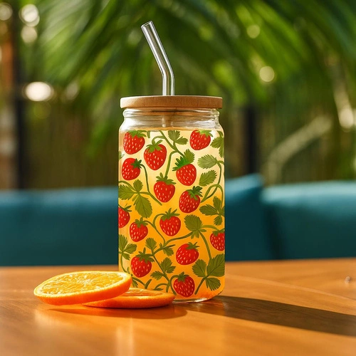 Szklanka do napoju z pokrywką i słomką Soleo 530 ml poziomki Intesi – letni design