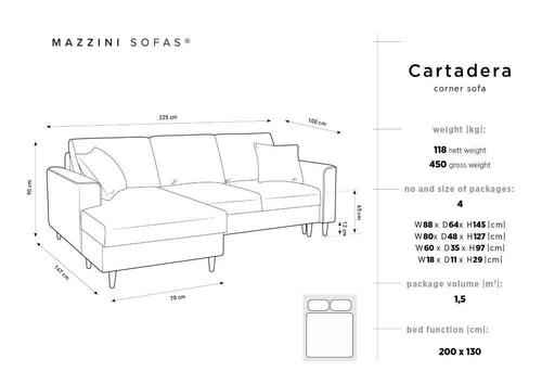 Narożnik z funkcją spania Cartadera Lavender Velvet Lewostronna kolor nóg złoty