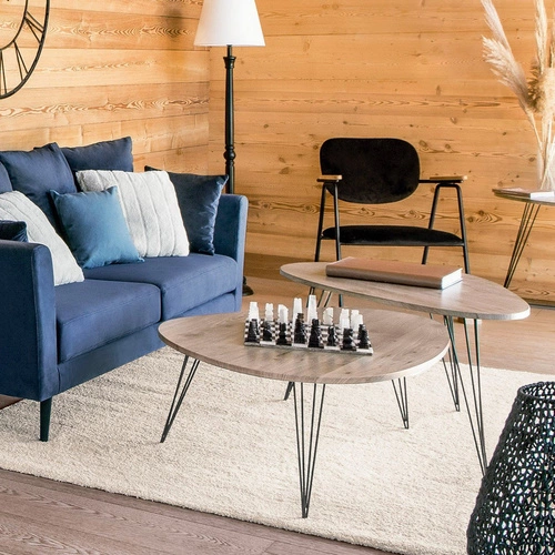 Stolik kawowy Neile owalny drewniany nowoczesny do salonu na trzech nogach Atmosphera