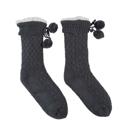 Skarpetki damskie Intesi szare plecione z pomponami, ciepłe i przyjemne w dotyku na zimę