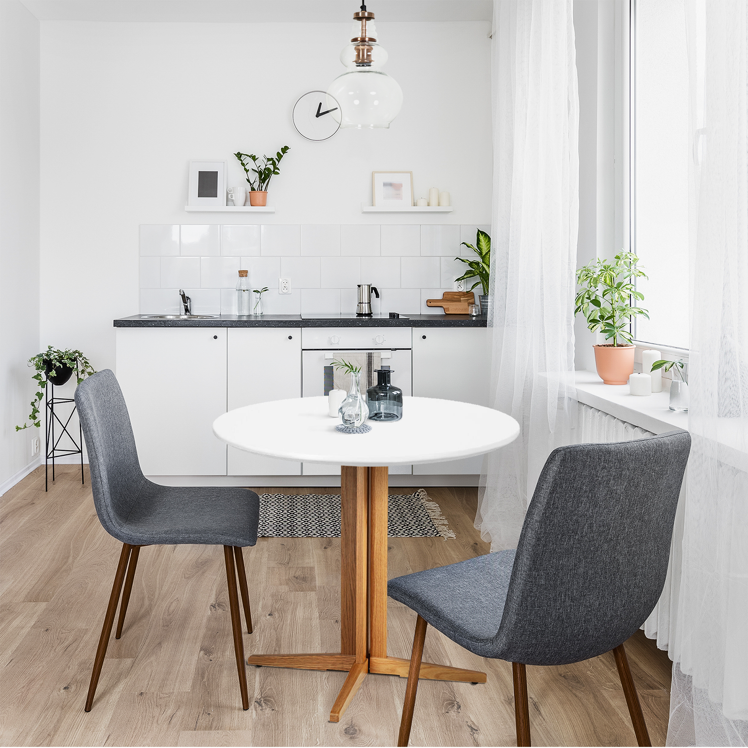 Stół okrągły Mauro 80 cm biały blat dąb naturalny nowoczesny do jadalni i salonu