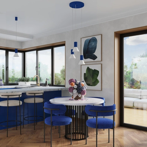 Lampa wisząca loftowa ESTRIA 1 biała i ultramaryna do kuchni i jadalni 120 cm