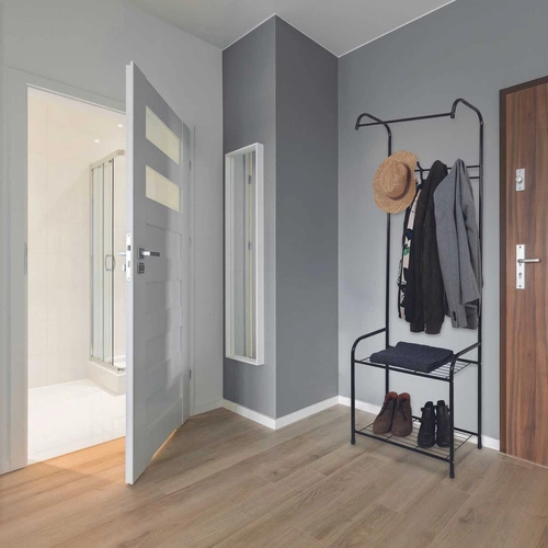 Intesi minimalistyczny wieszak stojący do przedpokoju czarny metalowy z półkami 170 cm