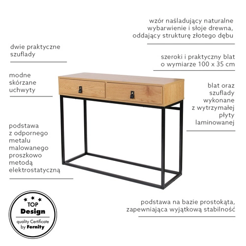 Konsola do przedpokoju Abbott dąb/czarna z szufladami skandynawska wąska nowoczesna Intesi