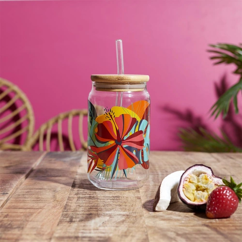 Szklanka Exotic Paradise Intesi 450 ml z pokrywką i słomką do napojów multikolor