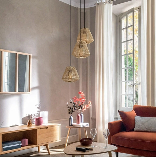 Lampa wisząca Jily rattanowa potrójna do salonu i jadalni naturalna boho 3-punktowa