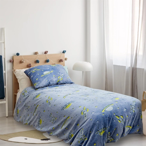 Komplet pościeli dziecięcej 140x200 Intesi kosmos świecący w ciemności poliester niebieski