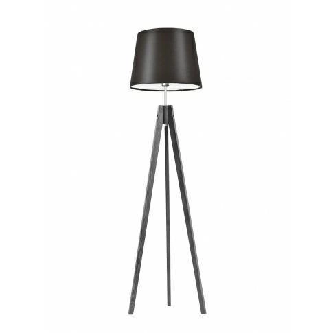 Lampa podłogowa drewniana trójnóg Aruba brązowa z abażurem glamour do salonu Lysne