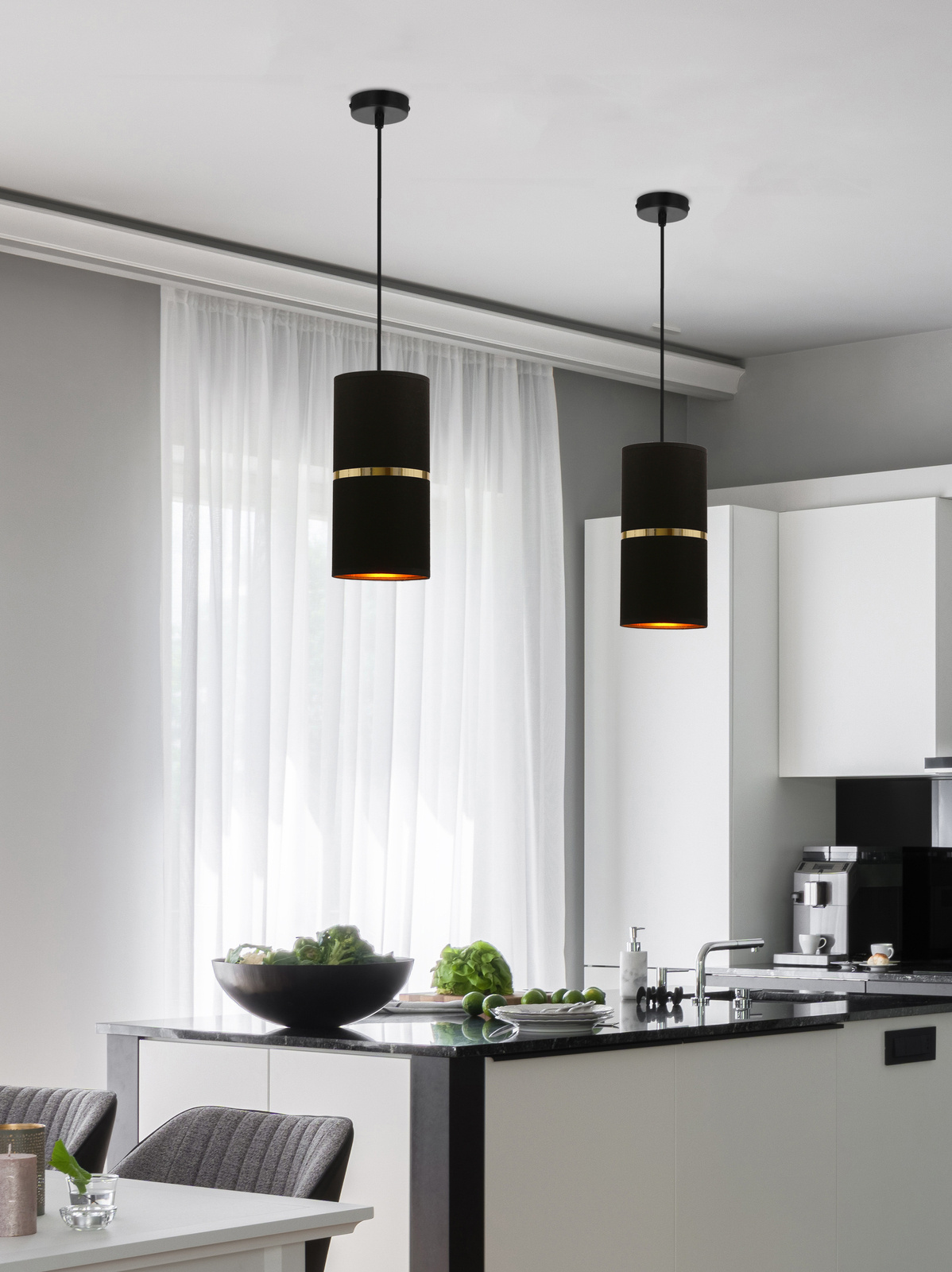 Lampa wisząca Gina czarny 1x60 E27 abażur 12x25 czarny złota folia+złoty pasek