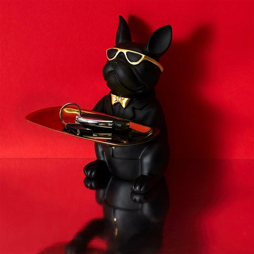 Figurka dekoracyjna buldog organizer czarny ze złotą tacą do salonu Intesi glamour