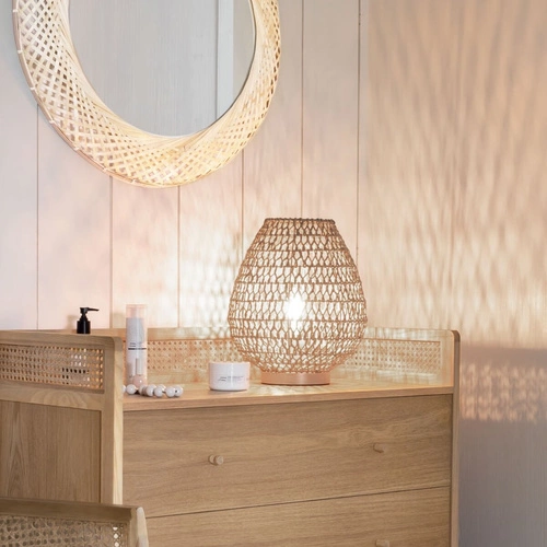 Lampa stołowa Etel Atmosphera 35cm skandynawska z drewnianą podstawą do sypialni i salonu