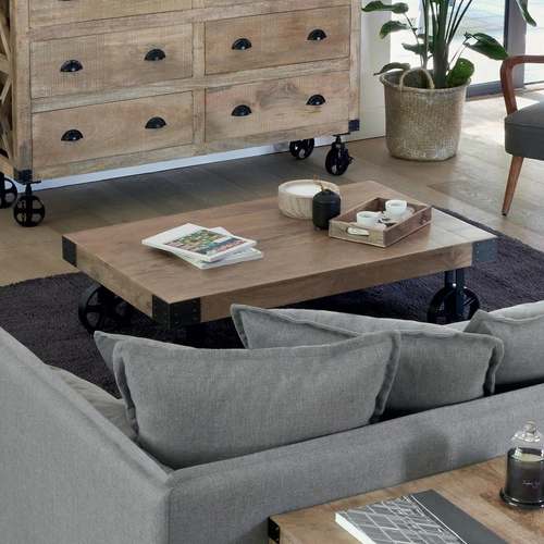 Stolik kawowy Silas mango prostokątny loftowy drewniany na kółkach do salonu 117 cm Atmosphera