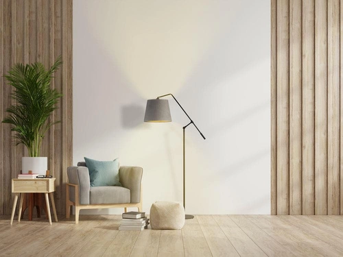 Lampa podłogowa FOYA biała morska z abażurem welurowym do salonu nowoczesna regulowana LYSNE