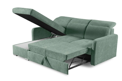 Nowoczesny narożnik Limi lewy z funkcją spania i pojemnikiem zielony do salonu