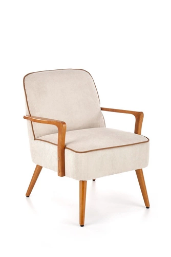 Fotel wypoczynkowy Grejs beżowy skandynawski do salonu z tkaniny na drewnianych nogach