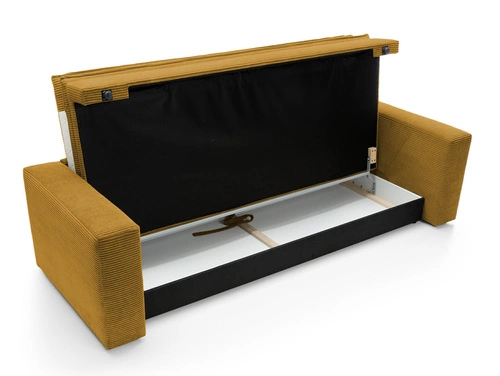 Sofa rozkładana z funkcją spania Ulnes 3 osobowa sztruksowa żółta do salonu z pojemnikiem