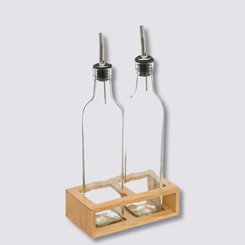 Zestaw 2 szklanych butelek na oliwę i ocet 0,48l z bambusową podstawką 5five