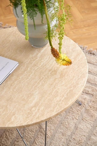 Stolik kawowy Prunus okrągły 80 cm trawertyn glamour chrom nowoczesny do salonu