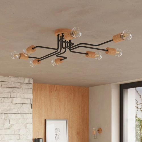 Kinkiet ścienny loftowy TIMBO czarny z drewnem do salonu i sypialni SOLLUX LIGHTING